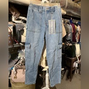 Indigo Rising Elastic waist multi pockets & buckle 100% cotton jeans